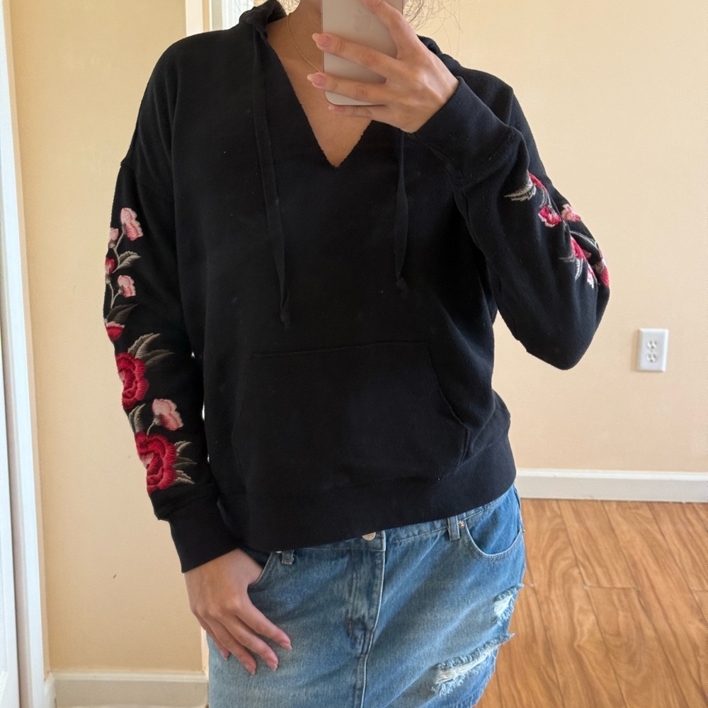 American Girl Black V-Neck Hoodie with Red & Pink Floral Sleeve Embroidery